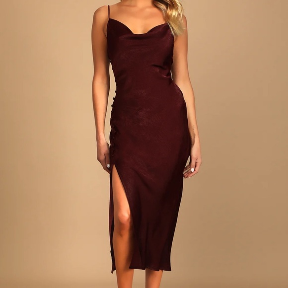 Lulus dress: Slinking Out Loud Burgundy Satin Side Button Slip Dress - Picture 1 of 5